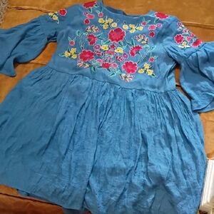 Umgee Blue Embroidered Floral Boho Dress Or Top